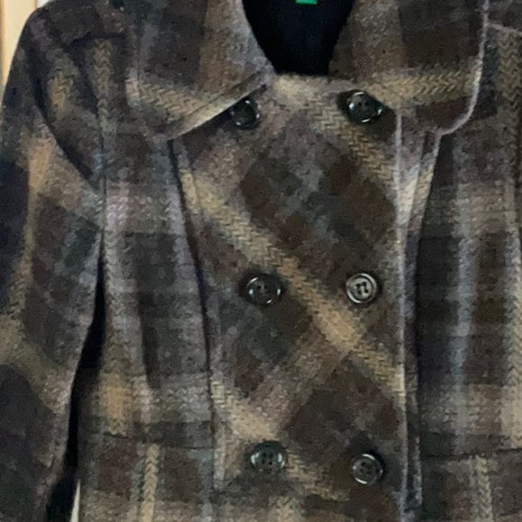 Brown, grey, beige plaid 3/4 length wool coat, double breasted, round collar - Picture 2 of 6